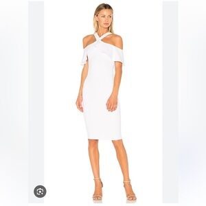 Nookie Hermosa White Halter Off Shoulder Ruffle Midi Bodycon Cocktail Dress S